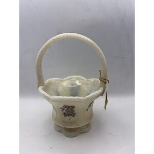 Fenton Art Glass Romance Collection Ivory Gold Hand Painted Rose Basket 7 inch